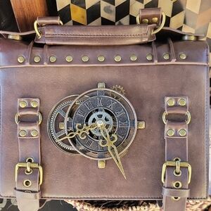Vintage Brown Leather Satchel with Steampunk Gear Accent